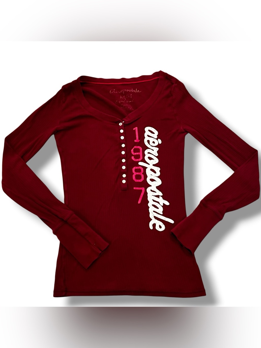 Vtg Y2K Aeropostale AERO Waffle Burgundy Henley Bella Swan Indie Sleaze Sz M E-8